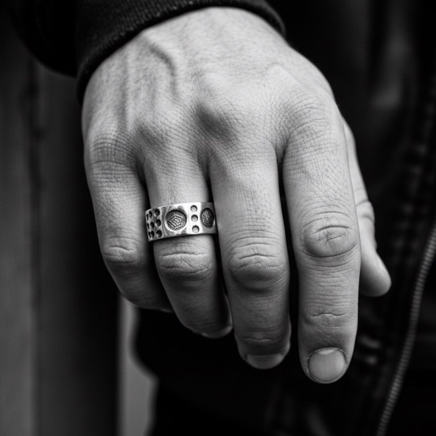 Model wearing men's sterling silver 925 Dots Circle band ring, showing clean minimal profile and scale on hand