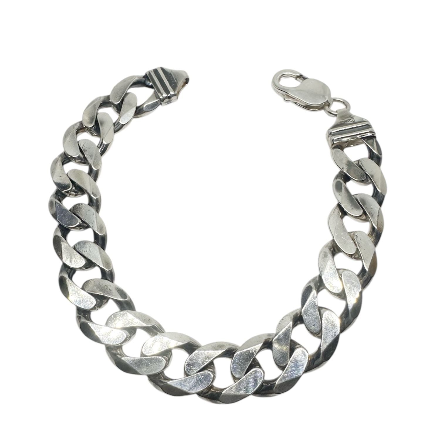 Men's heavy sterling silver curb chain bracelet, full length view — TG-Jewellery
