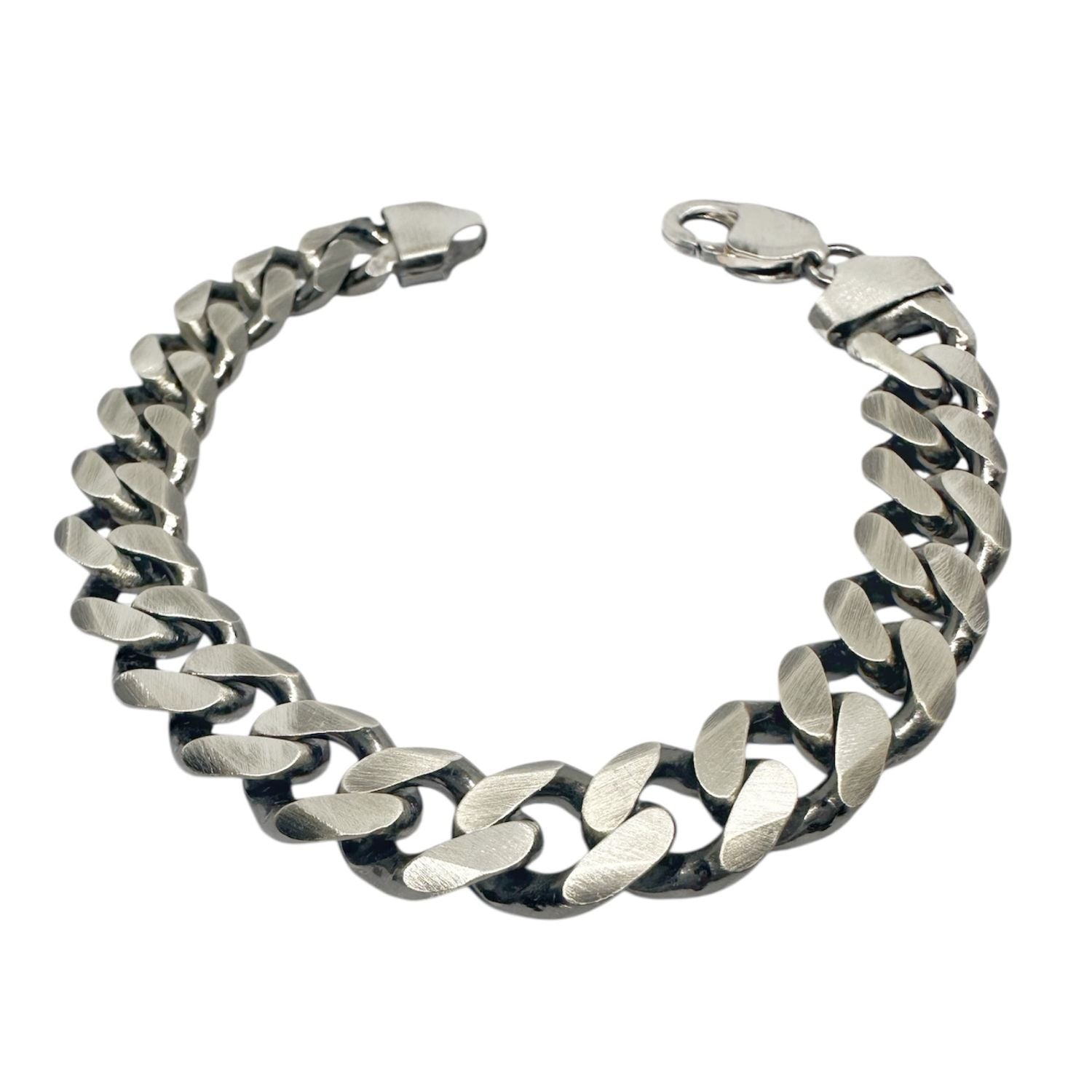 Men's satin & oxidised sterling silver curb chain bracelet, full length view — TG-Jewellery