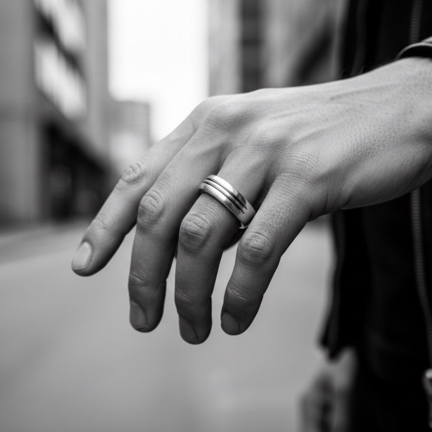 Model wearing men's sterling silver open line band ring showing fit and scale on hand – Tg-Jewellery by Tamara Gervasio