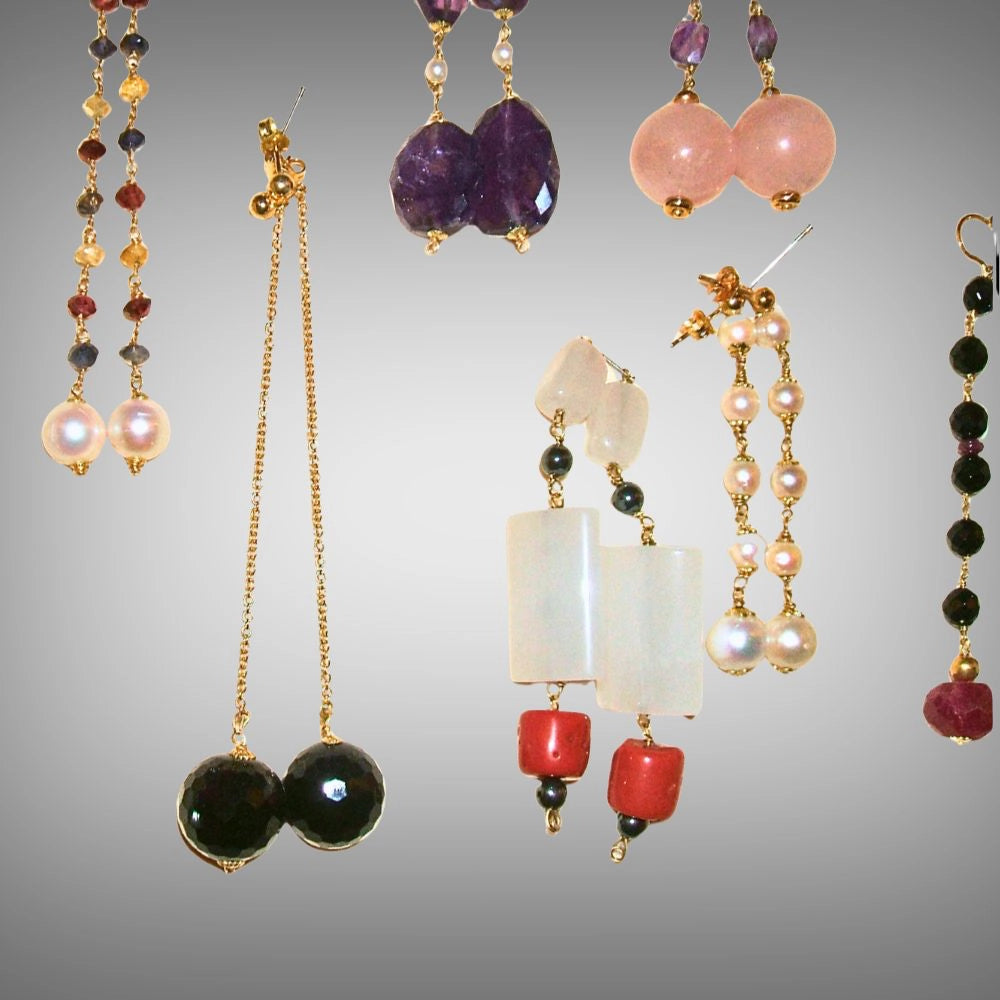 A collection of handmade 18ct yellow recycle gold and gemstone dangle earrings, Tg-jewellery by Tamara Gervasio