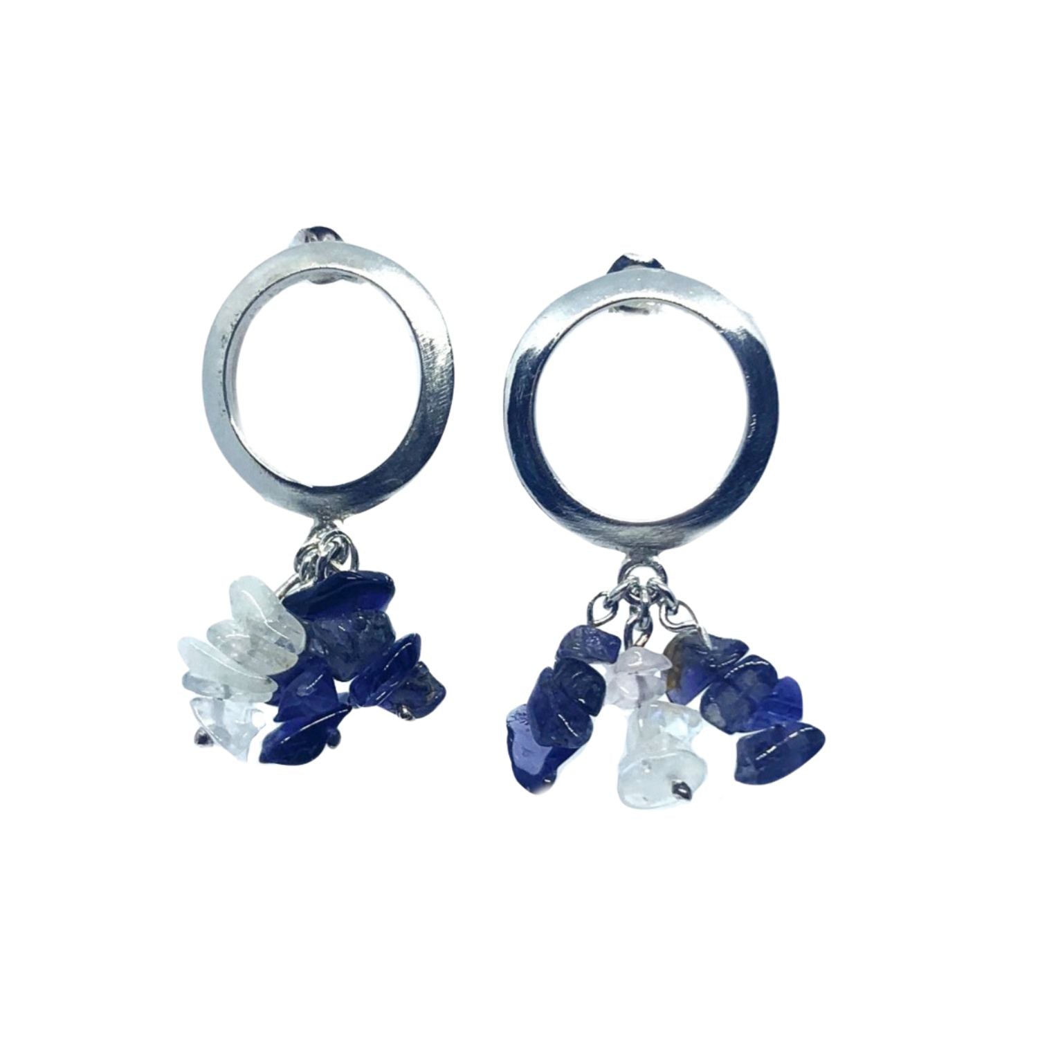 Sterling silver 925 round drop earrings with moonstone and iolite chips, 35.76mm drop, handmade in Cornwall- Tg-Jewellery By Tamara Gervasio