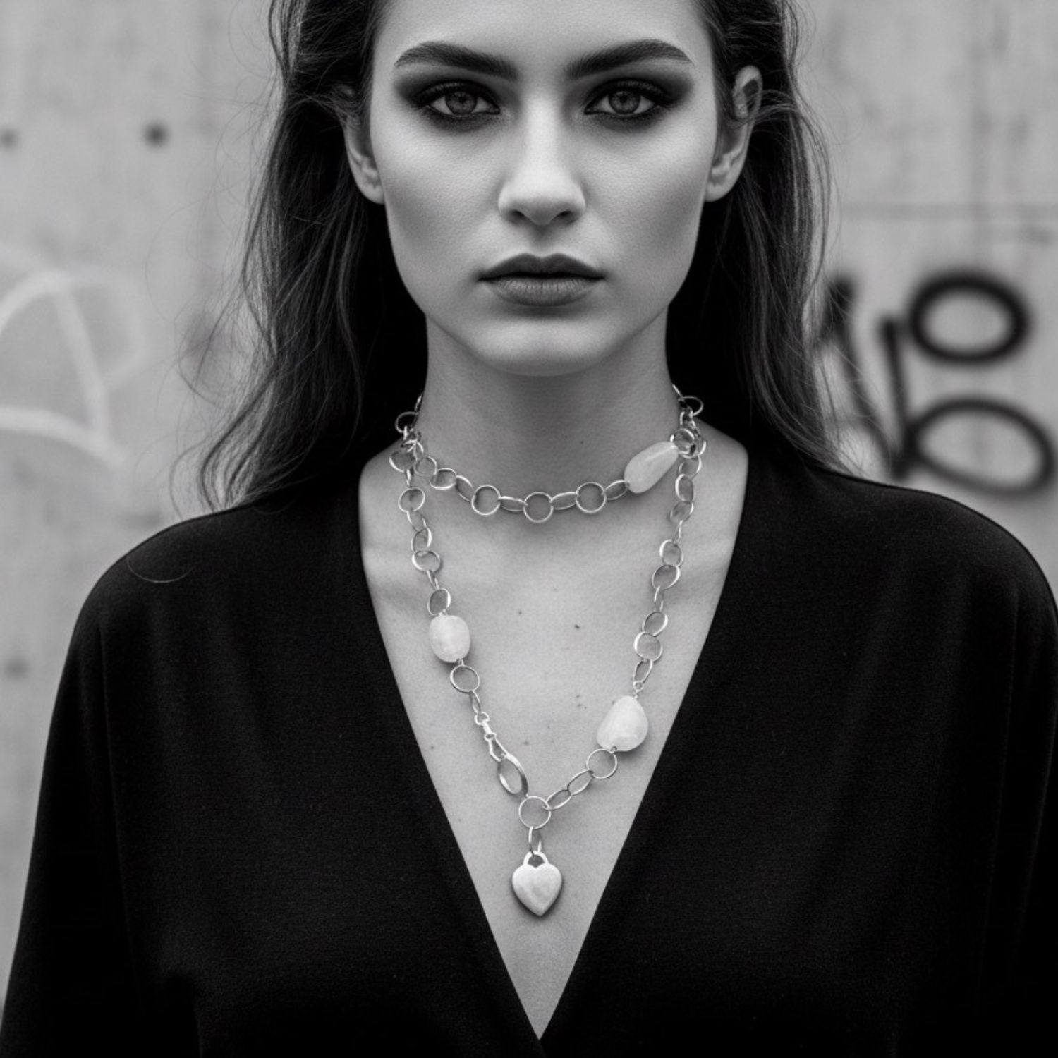 Rose Quartz Necklace with Heart Charms – Sterling Silver