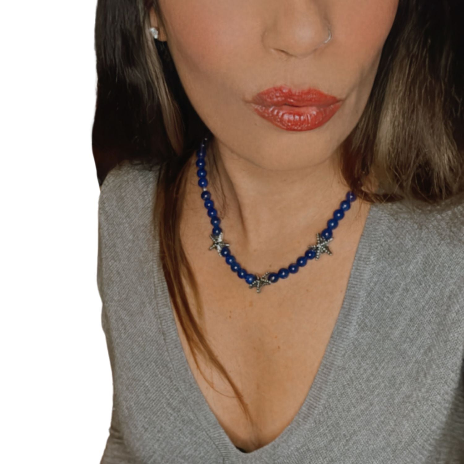 Handmade Lapis Lazuli Beads Necklace with Sterling Silver Starfish