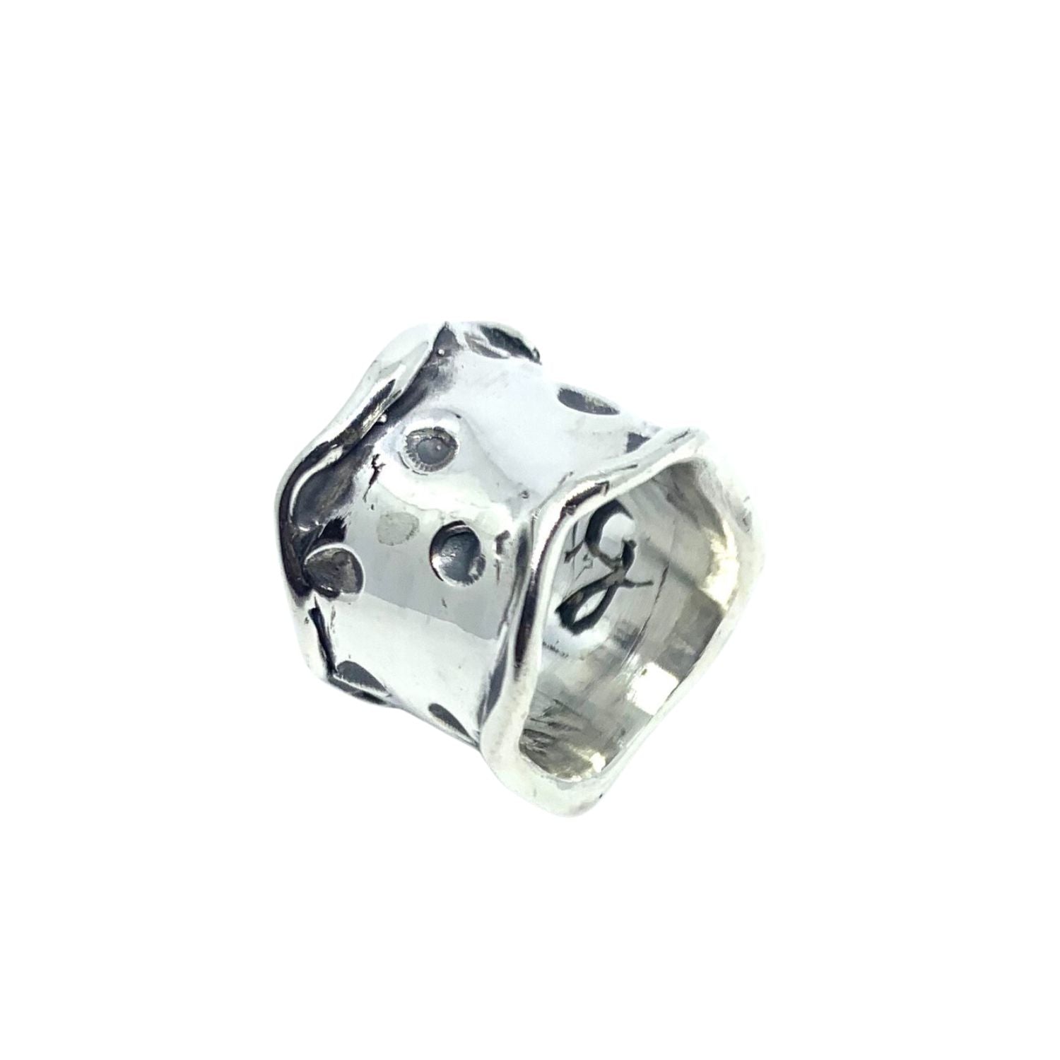 Sterling silver 925 Plain Chunky Dot Ring with hand-applied dotted texture and polished oxidised finish, 16.10mm wide - Tg-Jewellery By Tamara Gervasio