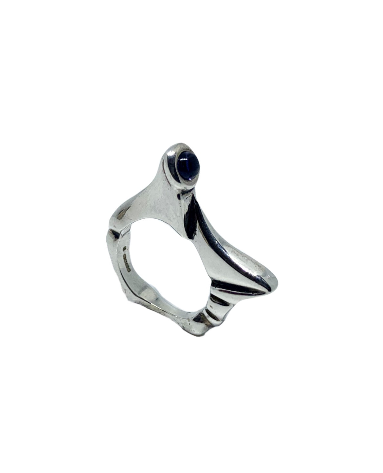 Handcrafted sterling silver 925 Pyramid ring with iolite blue cabochon lost wax carved Abyss Collection - Tg-Jewellery By Tamara Gervasio