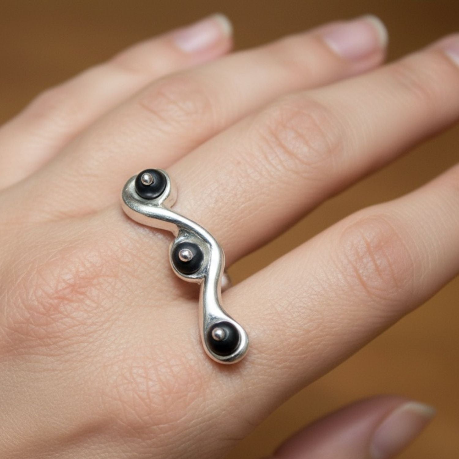 Snake Ring with Satin Onyx Beads | Sterling Silver 925 – One-of-a-Kind