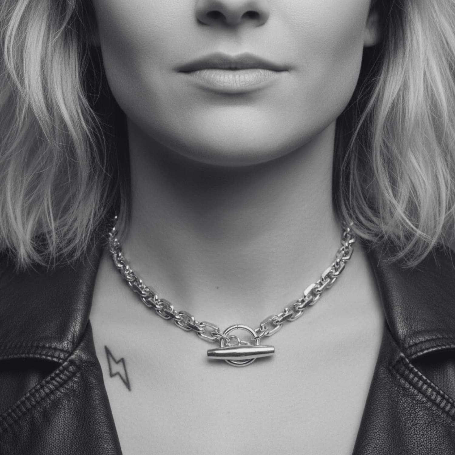 Rectangular trace choker worn on model showing 40.4cm fit and chain weight – TG-Jewellery by Tamara Gervasio