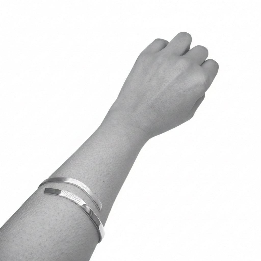 Brushed matte surface detail on recycled sterling silver 925 open bangle, sustainable handmade jewellery UK