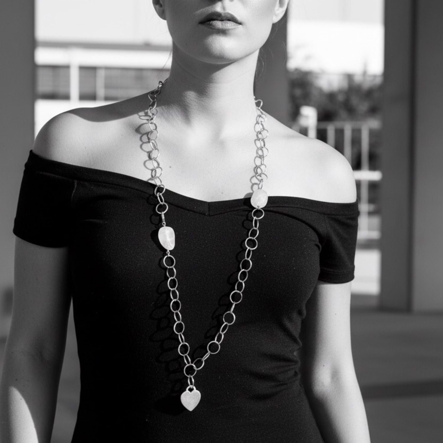 Model wearing rose quartz and sterling silver heart charm necklace 93cm – TG-Jewellery