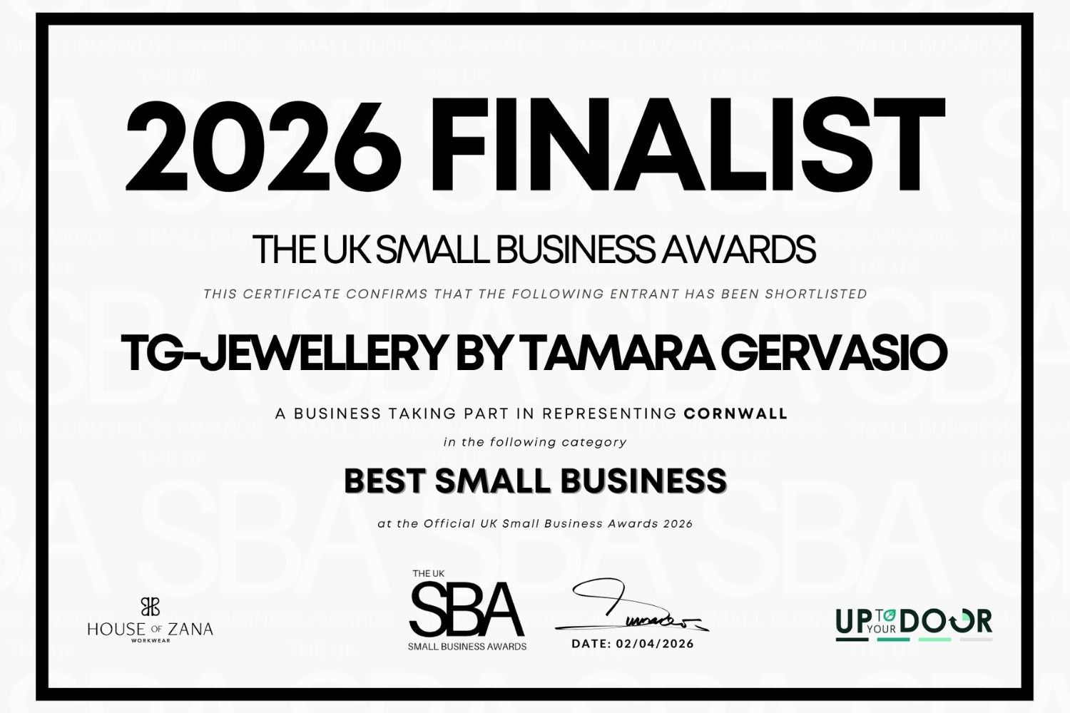 A black and white certificate awarding '2026 FINALIST' to TG-Jewellery by Tamara Gervasio for Best Small Business
