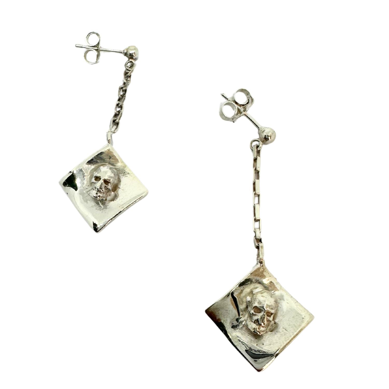 Sterling silver skull dangle earrings with rectangular trace chain, handcrafted in Cornwall by TG-Jewellery