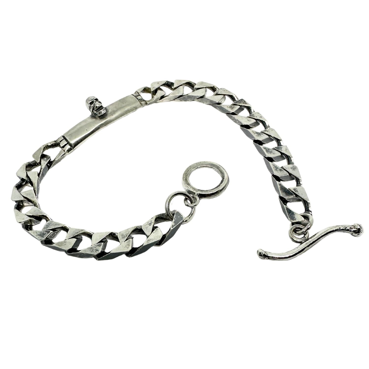 6.36mm flat curb chain bracelet in sterling silver 925 with skull detail, oxidised and polished finish – Tg-Jewellery by Tamara Gervasio