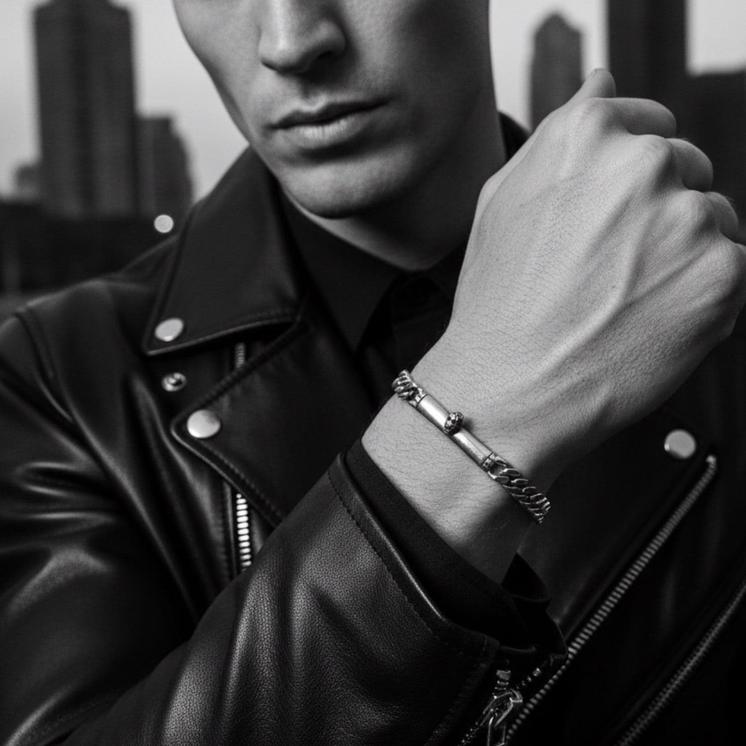 Model wearing men's skull plate curb chain bracelet in sterling silver 925 – Tg-Jewellery by Tamara Gervasio