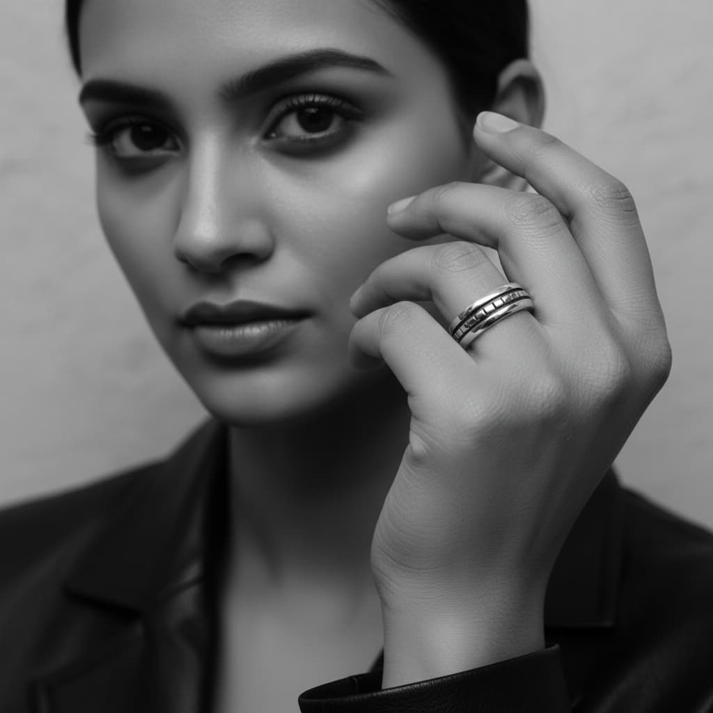 Model wearing sterling silver 925 square ring, showing clean geometric profile and architectural presence on hand