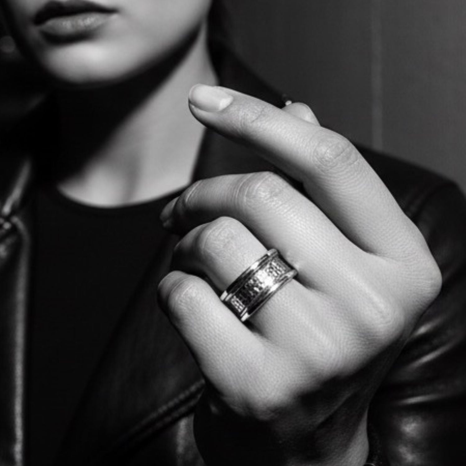 Model wearing sterling silver 925 Street Ring Band with oxidised detailing, bold chunky presence on hand