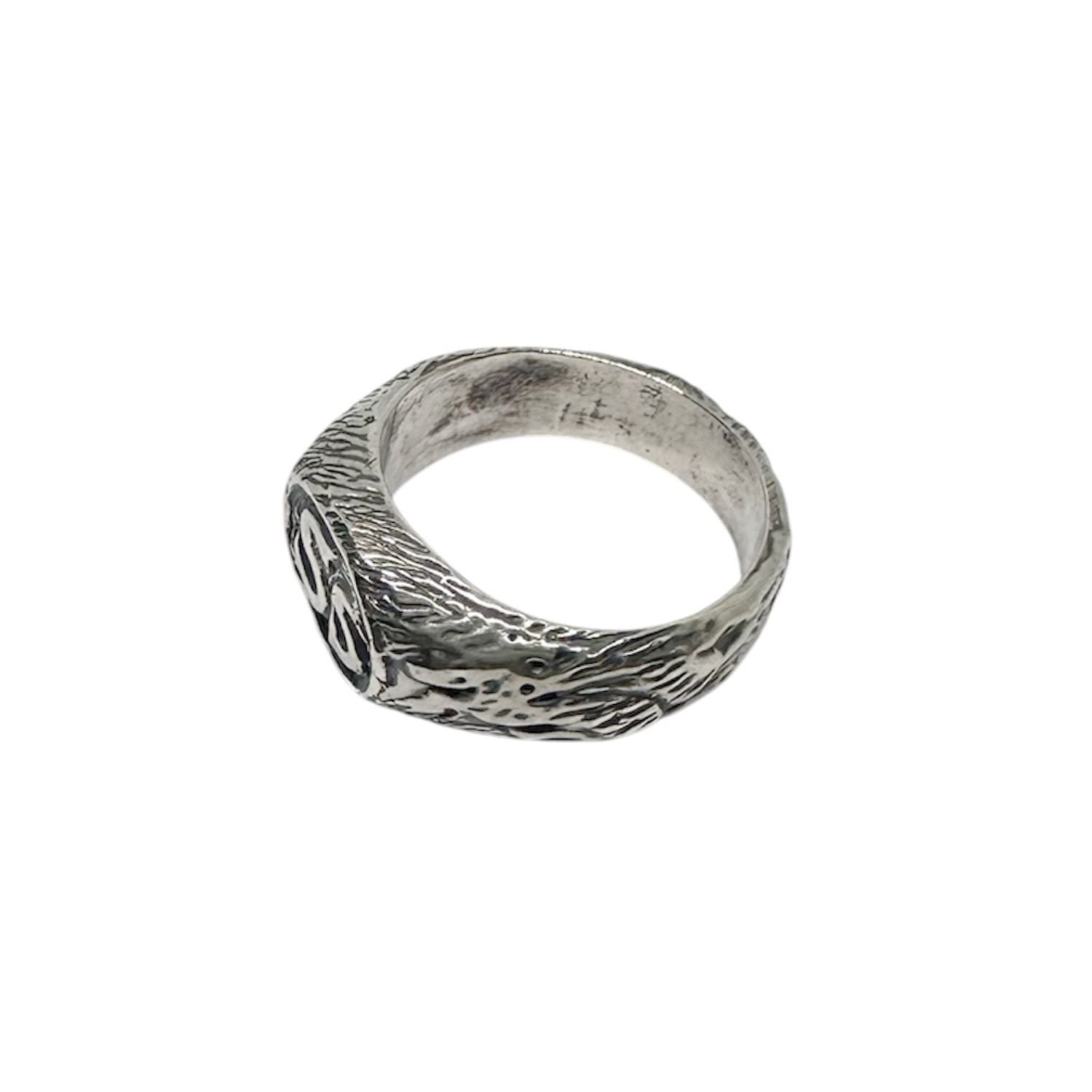 Signet face of Strength and Spirit ring, engraved SS initials, hand-carved sterling silver 925