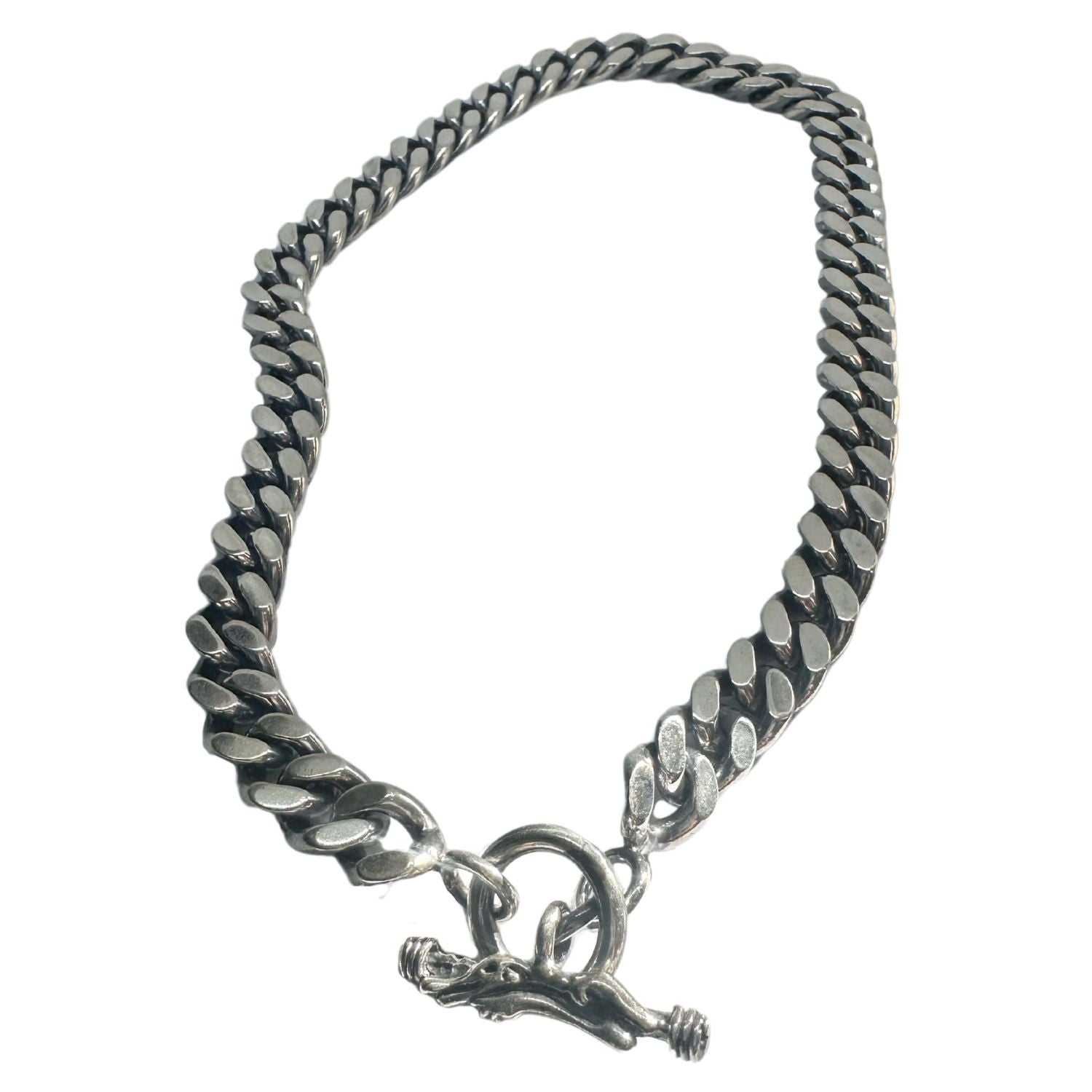 Close-up of hand-carved Celtic crocodile T-bar clasp in sterling silver, lost wax cast in Cornwall, UK hallmarked, TG maker's mark - Tg-Jewellery By Tamara Gervasio