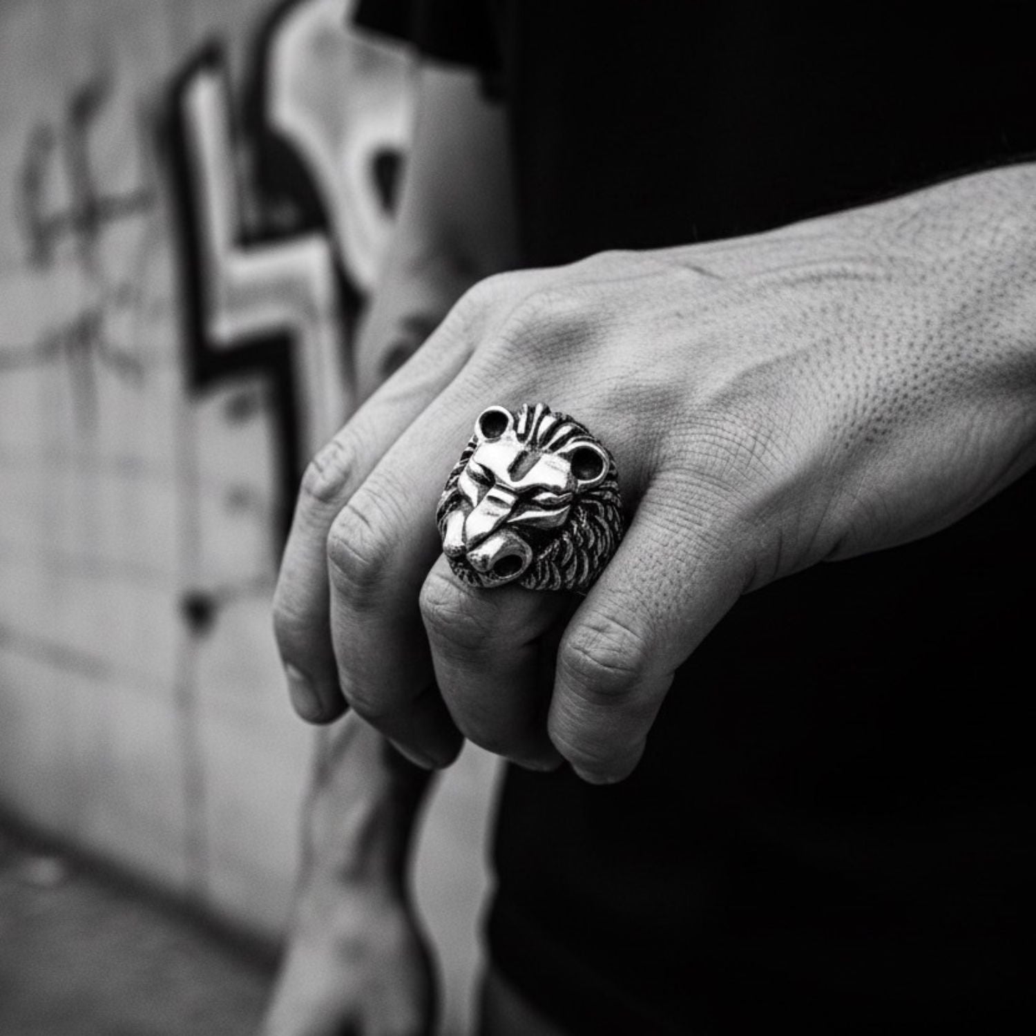 Bold men's sterling silver lion ring worn, showing 25.5mm sculptural width and fine detail, King of the Wild by Tg-Jewellery