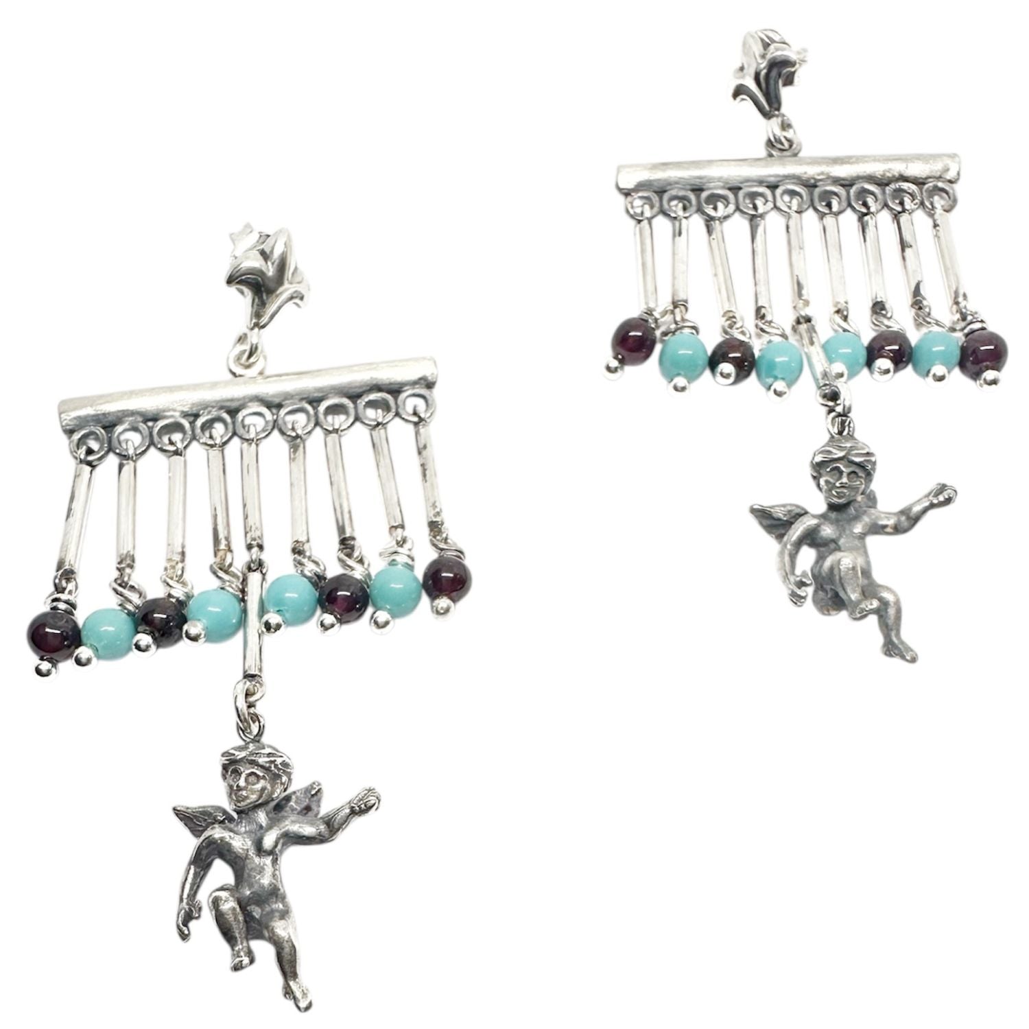 Sterling Silver Cherub Chandelier Earrings with Garnet & Turquoise – Lost Wax Carving