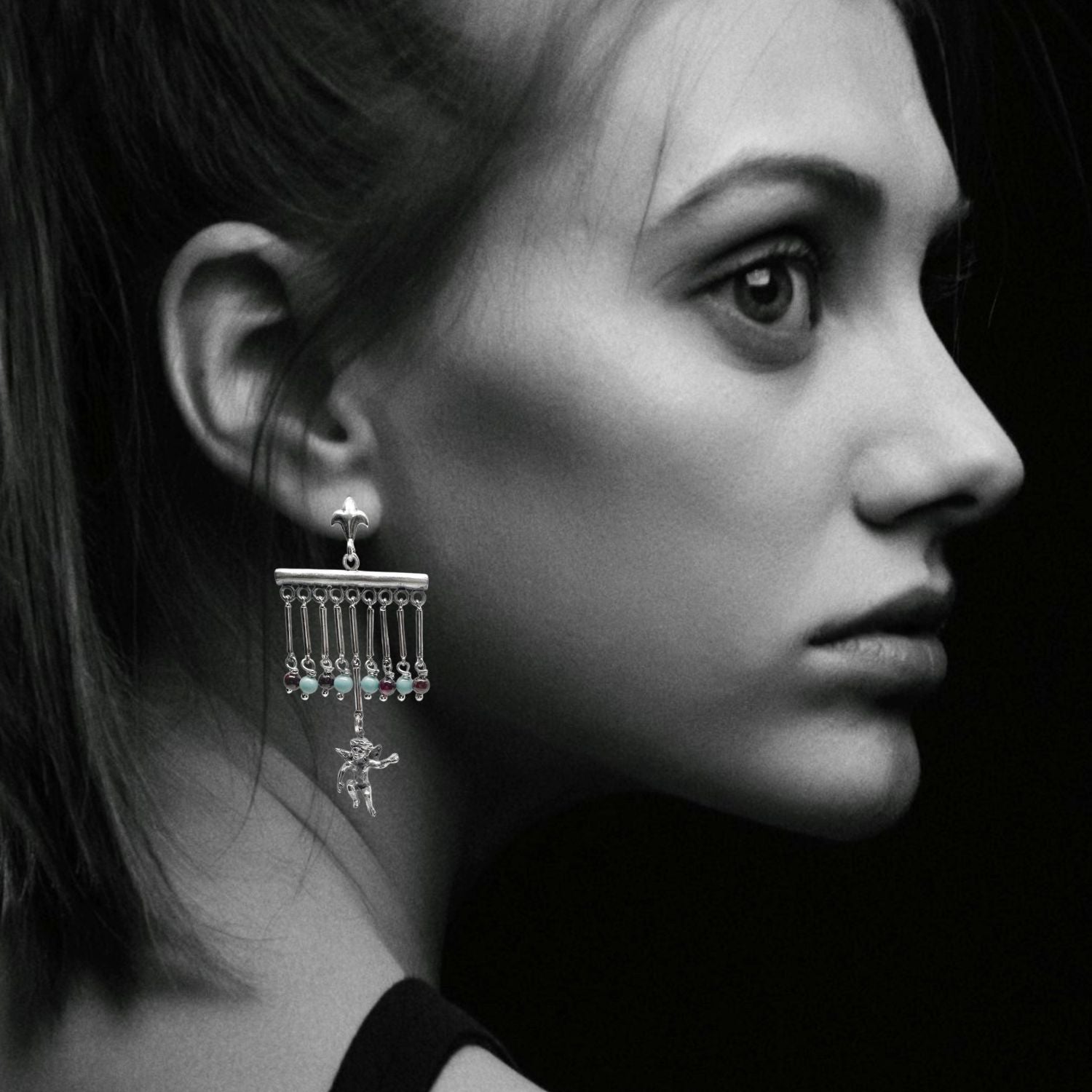 Sterling Silver Cherub Chandelier Earrings with Garnet & Turquoise – Lost Wax Carving