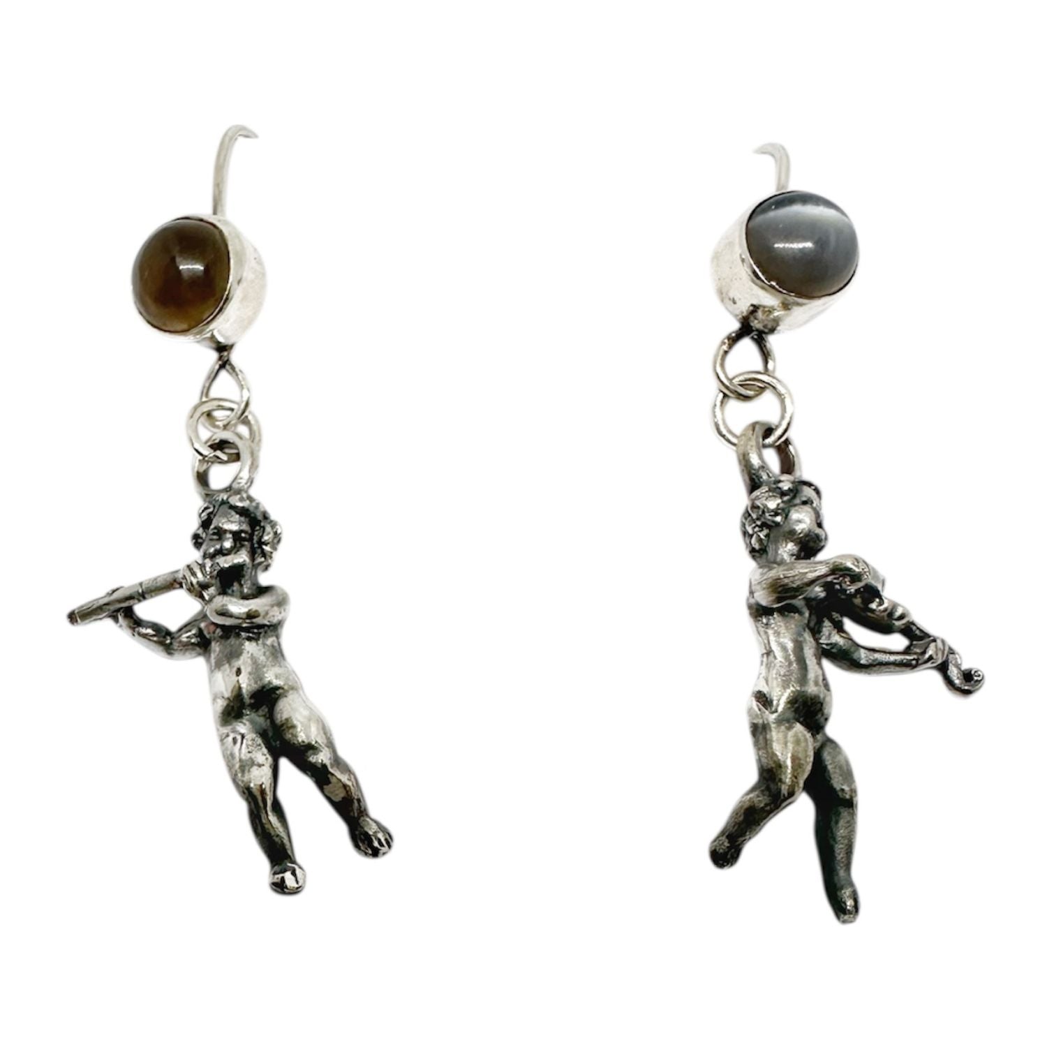 Violin & Flute Cherub Earrings in Sterling Silver with Cat’s Eye Gemstones - One of A Kind