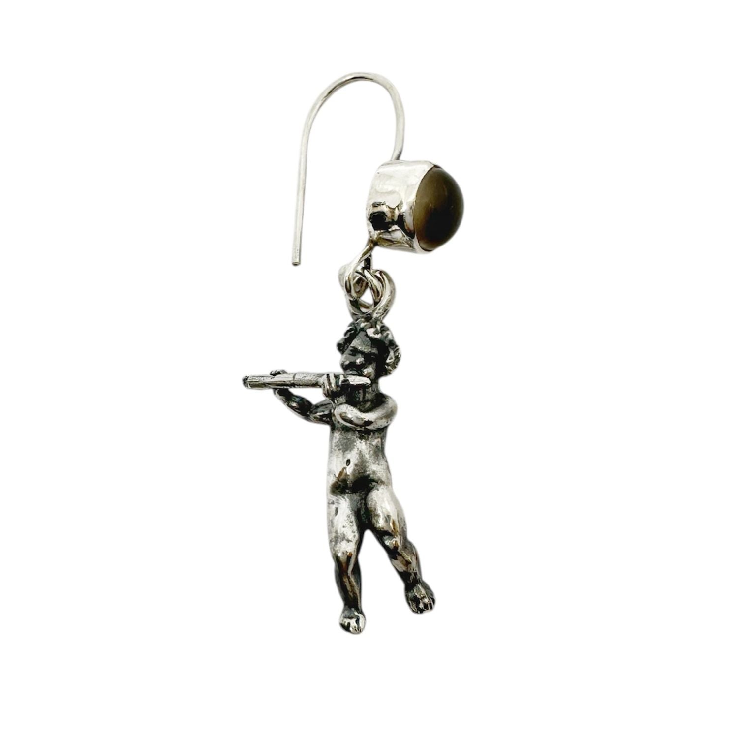 Violin & Flute Cherub Earrings in Sterling Silver with Cat’s Eye Gemstones - One of A Kind