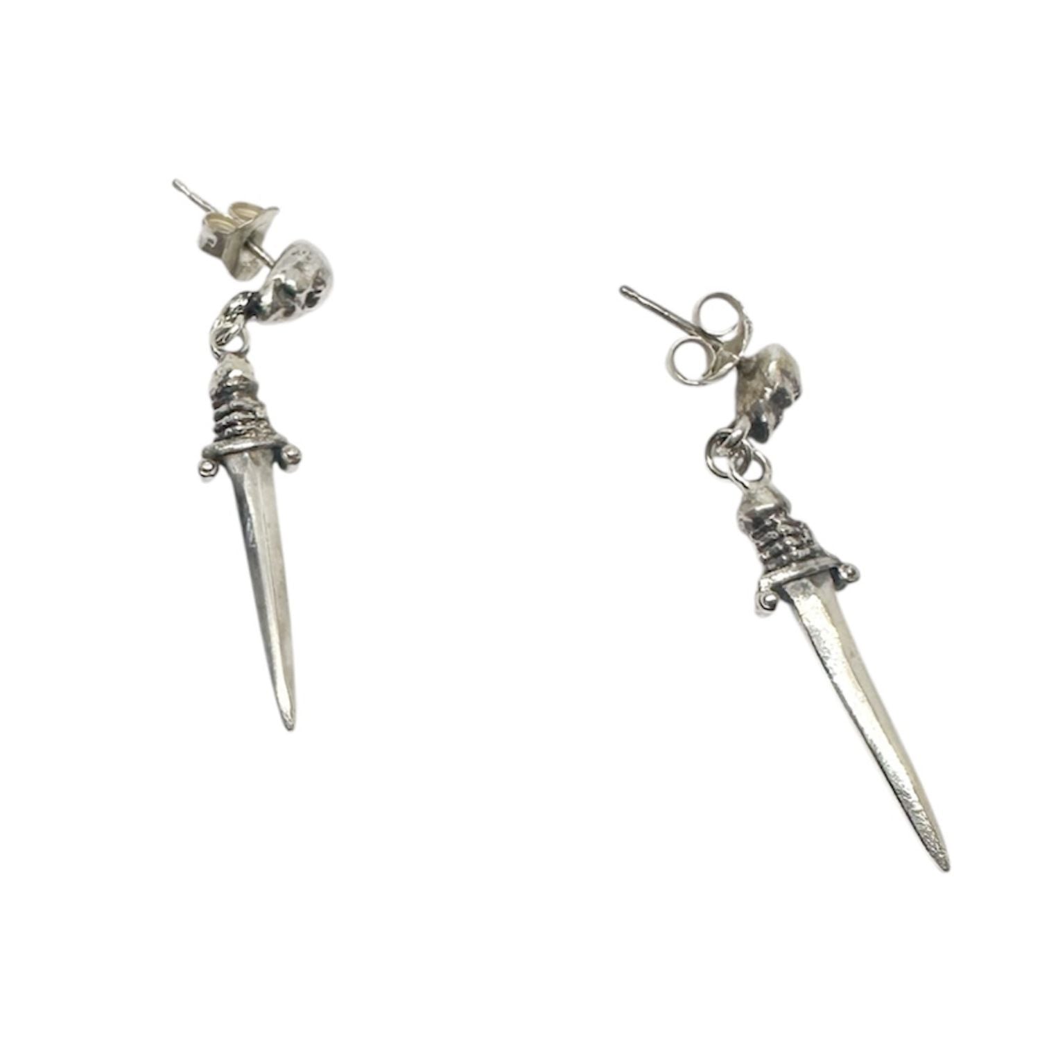 Handmade Skull Dagger Dangle Earrings – Recycled Sterling Silver 925