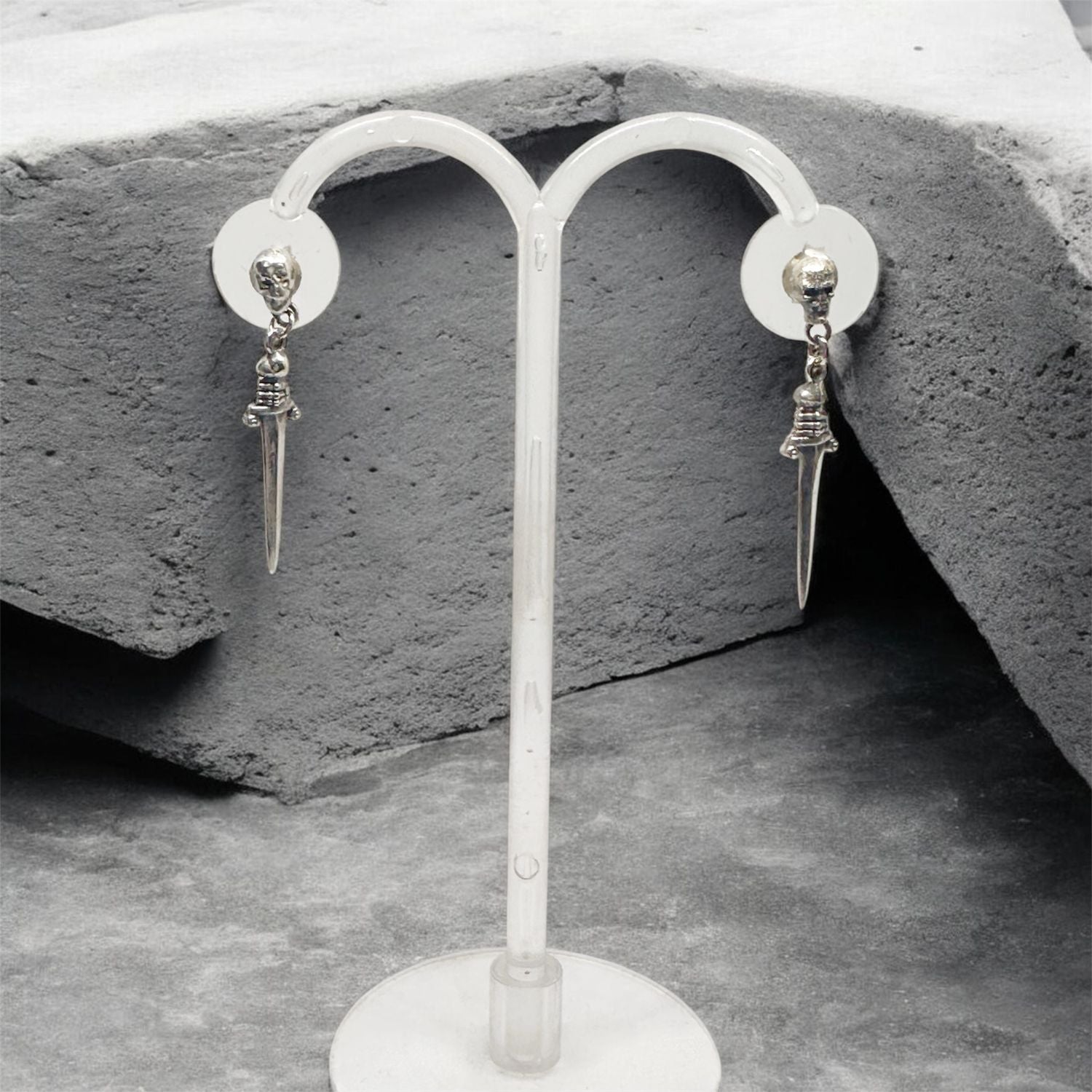 Handmade Skull Dagger Dangle Earrings – Recycled Sterling Silver 925