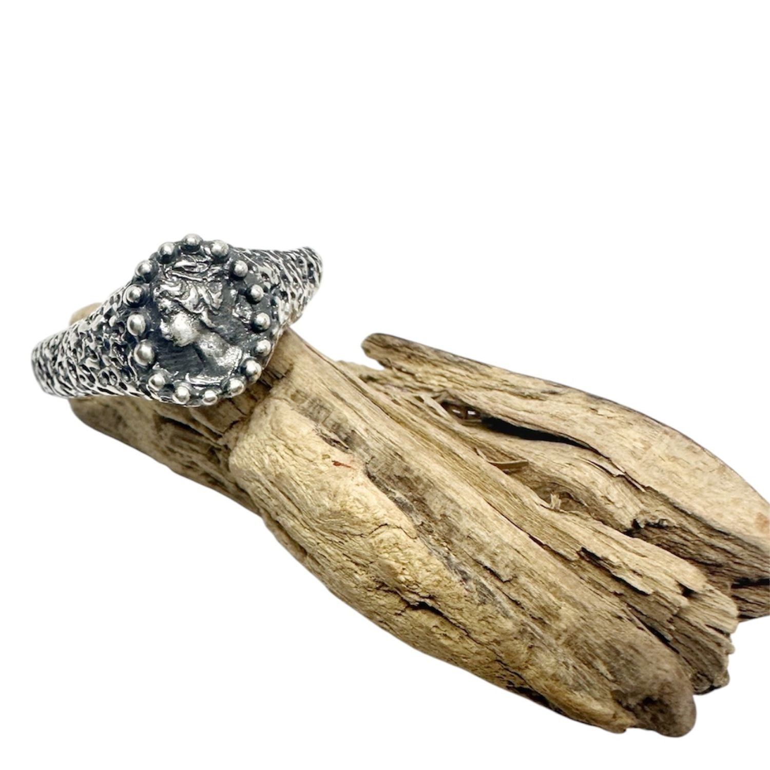 Ancient Cameo Muse Textured Ring – Hand-Carved Sterling Silver