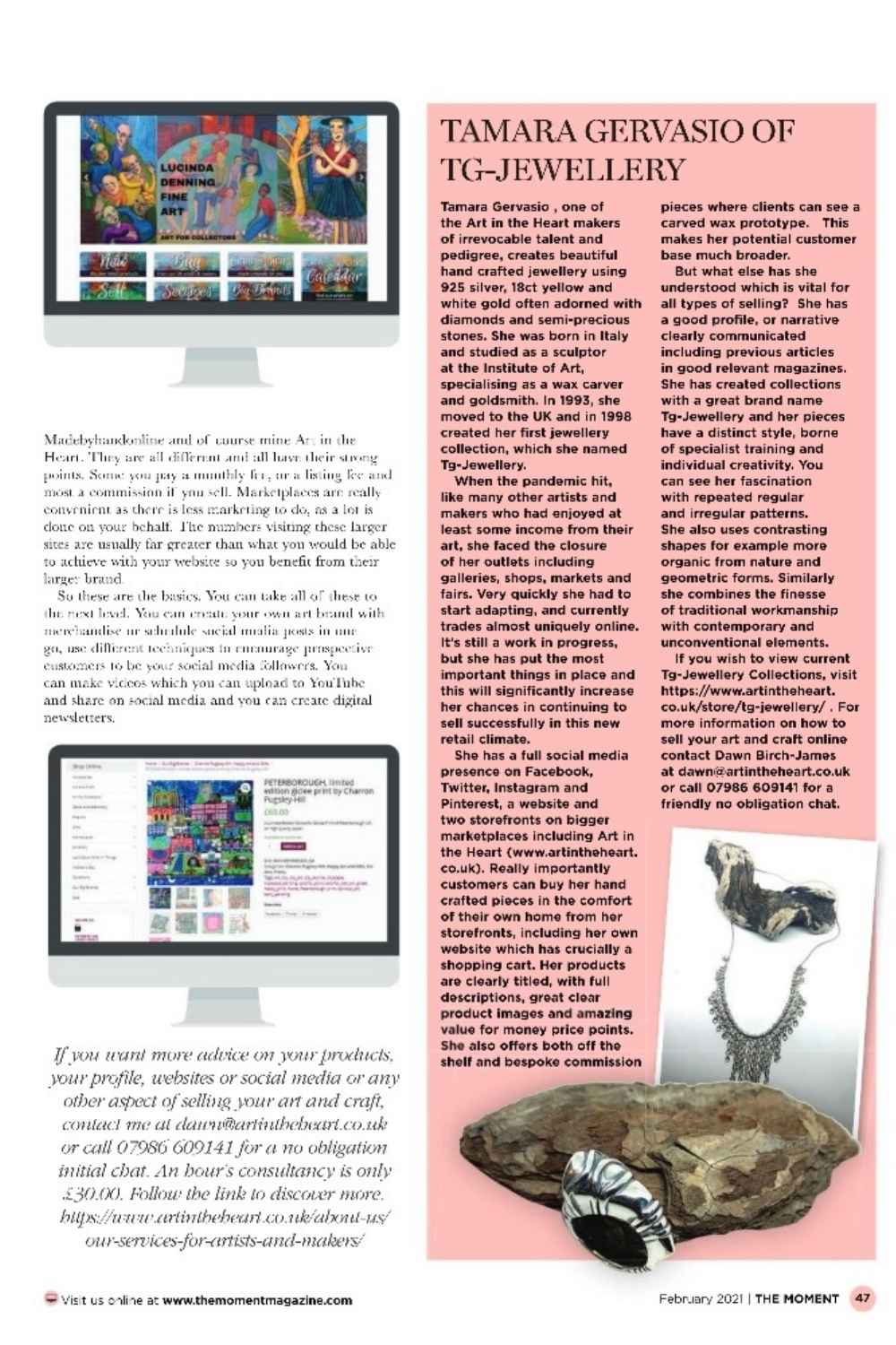 The moment magazine article about Tg-Jewellery by Tamara Gervasio