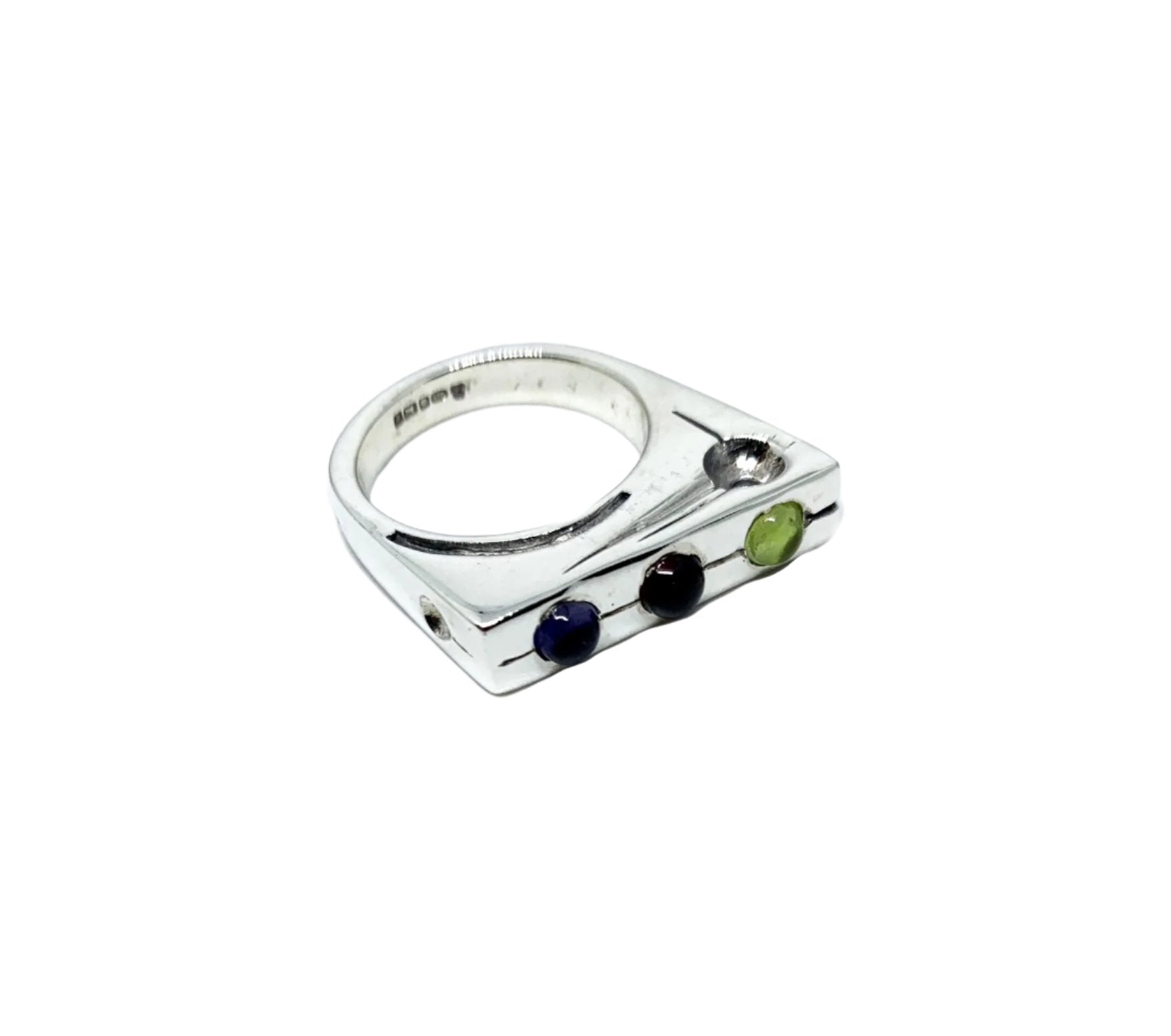 Sterling silver 925 Traffic Light ring with peridot, garnet and blue iolite cabochons - Tg-Jewellery By Tamara Gervasio