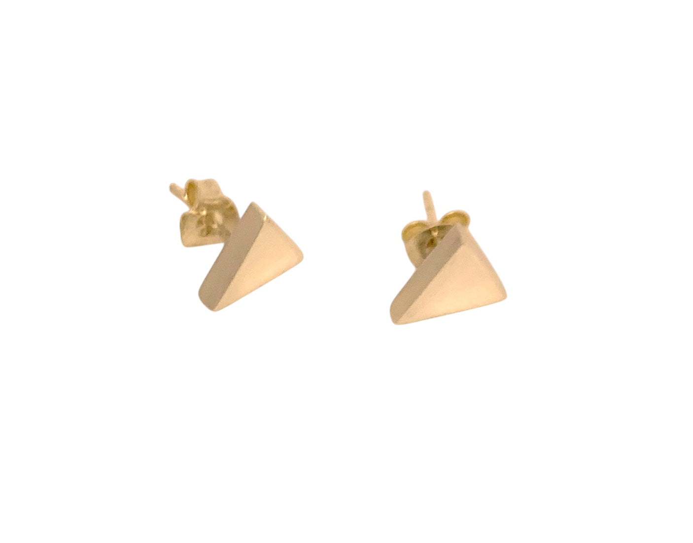 Pair of handmade 18ct yellow gold triangle stud earrings, lost wax cast, uk hallmark and TG maker's mark