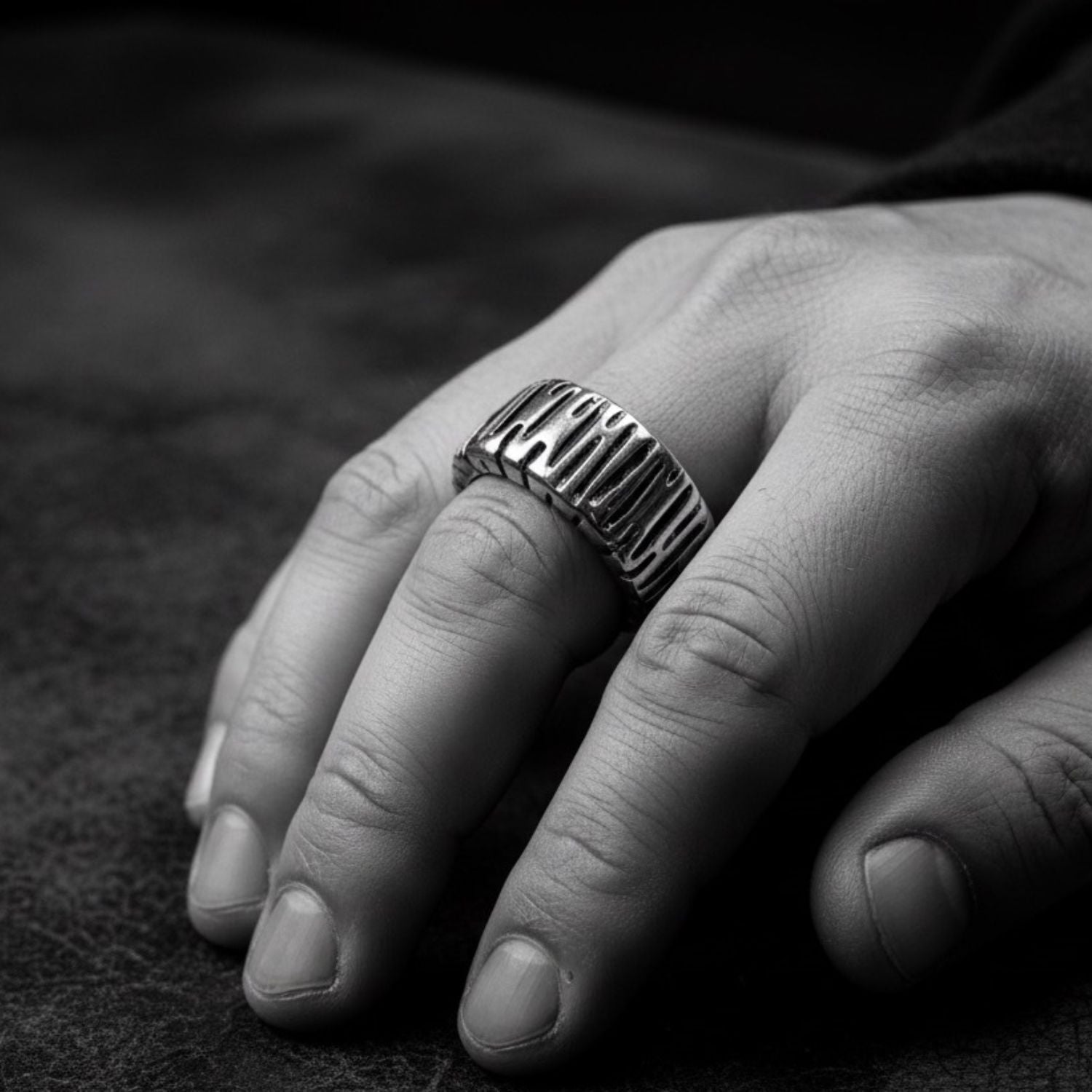 Model wearing sterling silver 925 Wheel Flat Band Ring with oxidised finish, bold mechanical presence on hand