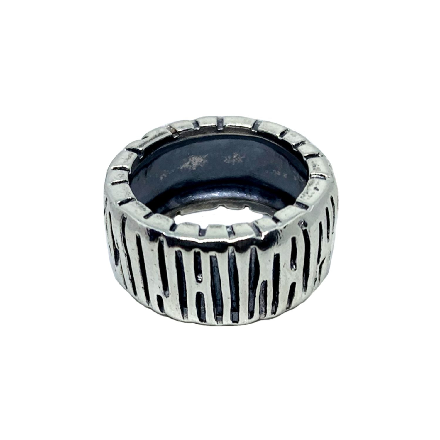 Sterling silver 925 Wheel Flat Band Ring in oxidised finish showing darkened surface and architectural profile- Tg-Jewellery By Tamara Gervasio