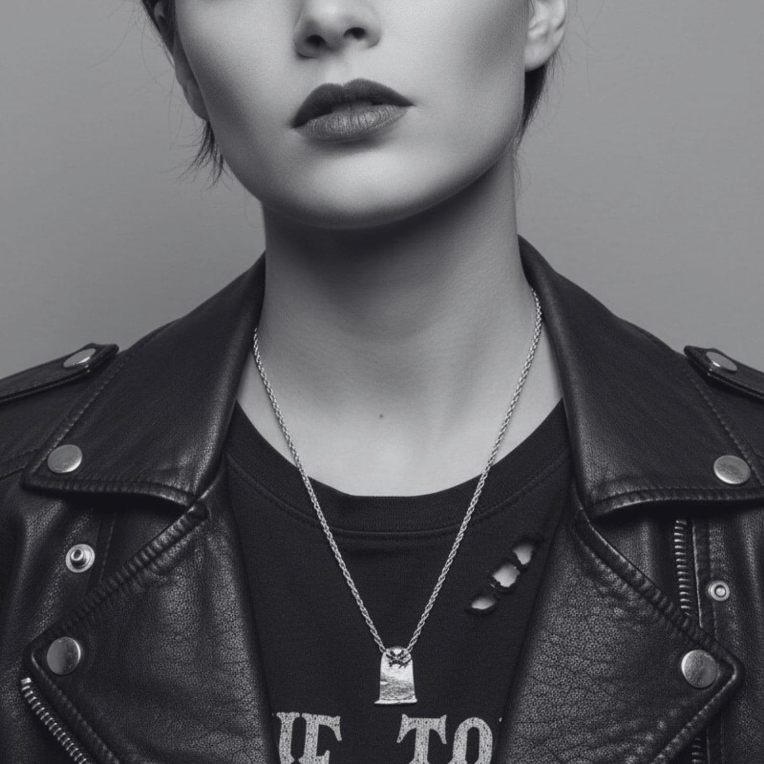 Model wearing women's skeleton grave silver necklace, gothic jewellery by Tamara Gervasio